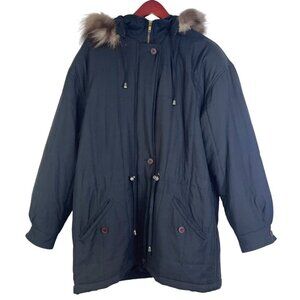 Vintage Hillary Paige fox fur coat winter button zip detachable hood black large